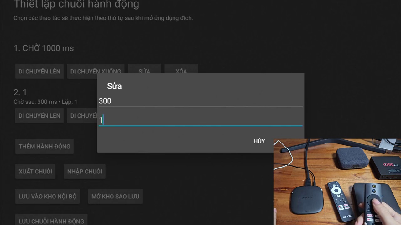 Trình chỉnh sửa chuỗi hành động cho phép thêm phím số 1 và cấu hình thời gian chờ