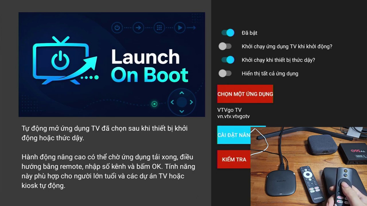 Giao diện chính Launch-On-Boot sau khi bật công tắc và chọn ứng dụng VTVgo TV