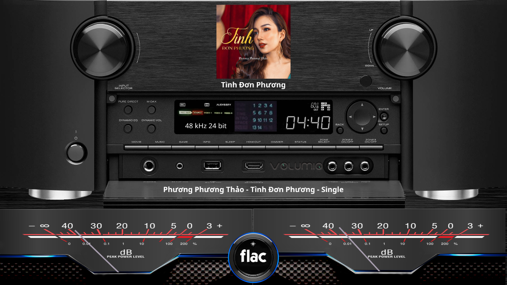 Giao diện Glass Engine phỏng thiết kế Amply Marantz với đồng hồ VU Meter và hiển thị bài hát FLAC
